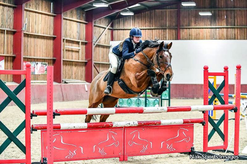 Show jumper over a red fence